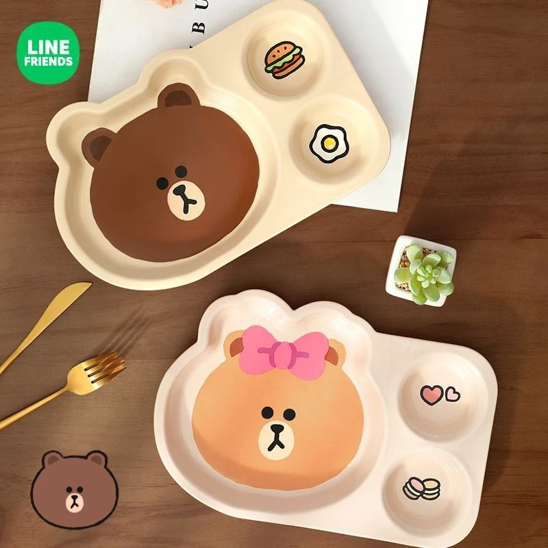 

LINE FRIENDS Brown anime cartoon cute baby divided plate kawaii unisex fat-reducing three-section plate dinnerware gift