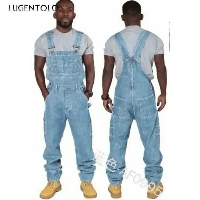 Lugentolo-سراويل جينز متعددة الجيوب للرجال ، وزرة كبيرة الحجم ، جينز مستقيم فضفاض ، موضة الربيع