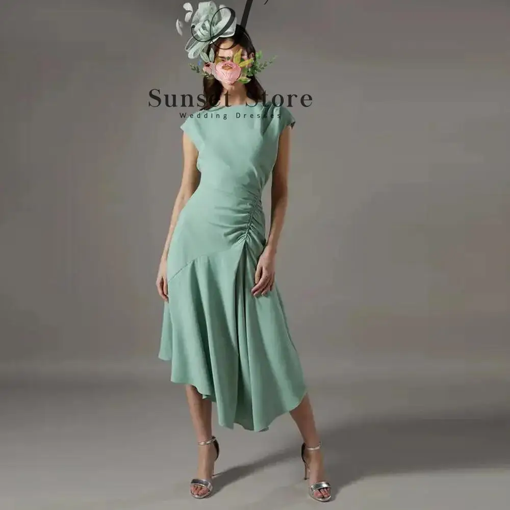 Customized Mint Green Asymmetrical Hem Prom Dress O Neck Draped Maxi Dresses A Line Midi Length Wedding Guest Outfit