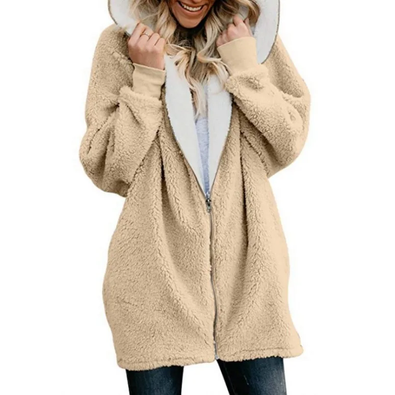 Lamb Fleece Hooded Mid Length Hoodie for Women New Style with Plush Jacket for Women