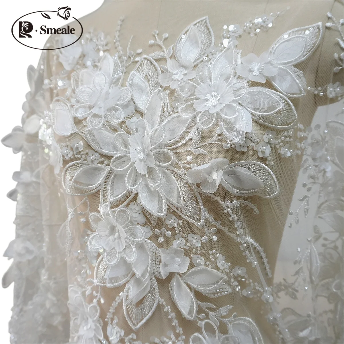 NEUER handbestickter Spitzenstoff mit 3D-Blumen und Perlen und Pailletten. Schleier. Luxuriöses Brautkleid mit Applikationen – Detail 6