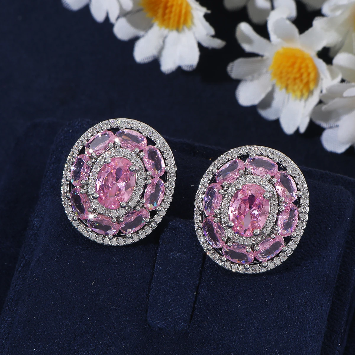 Oval Center Zircon Stud Earrings, Multi Oval Radial Floral Statement Earrings for Daily Evening Party Wedding Banque E1879