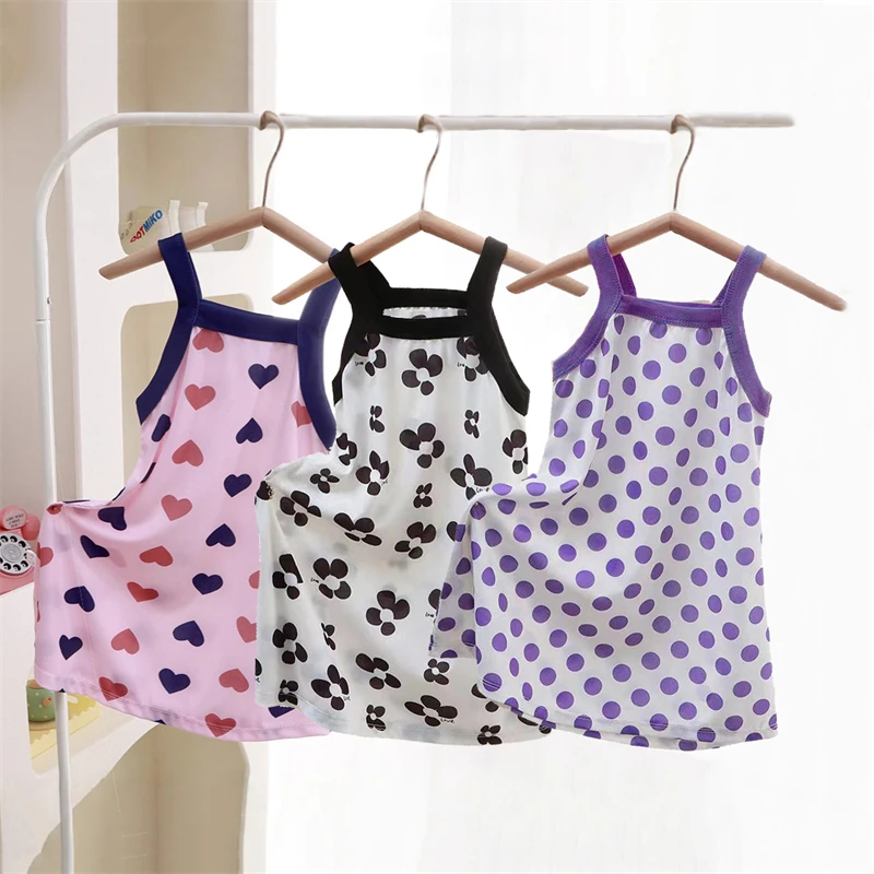 Kids Girls Sleeveless Cami Dress, Cute Heart Print Breathable Nightgown, Summer Casual Homewear Sleep Dress for Toddler Girls