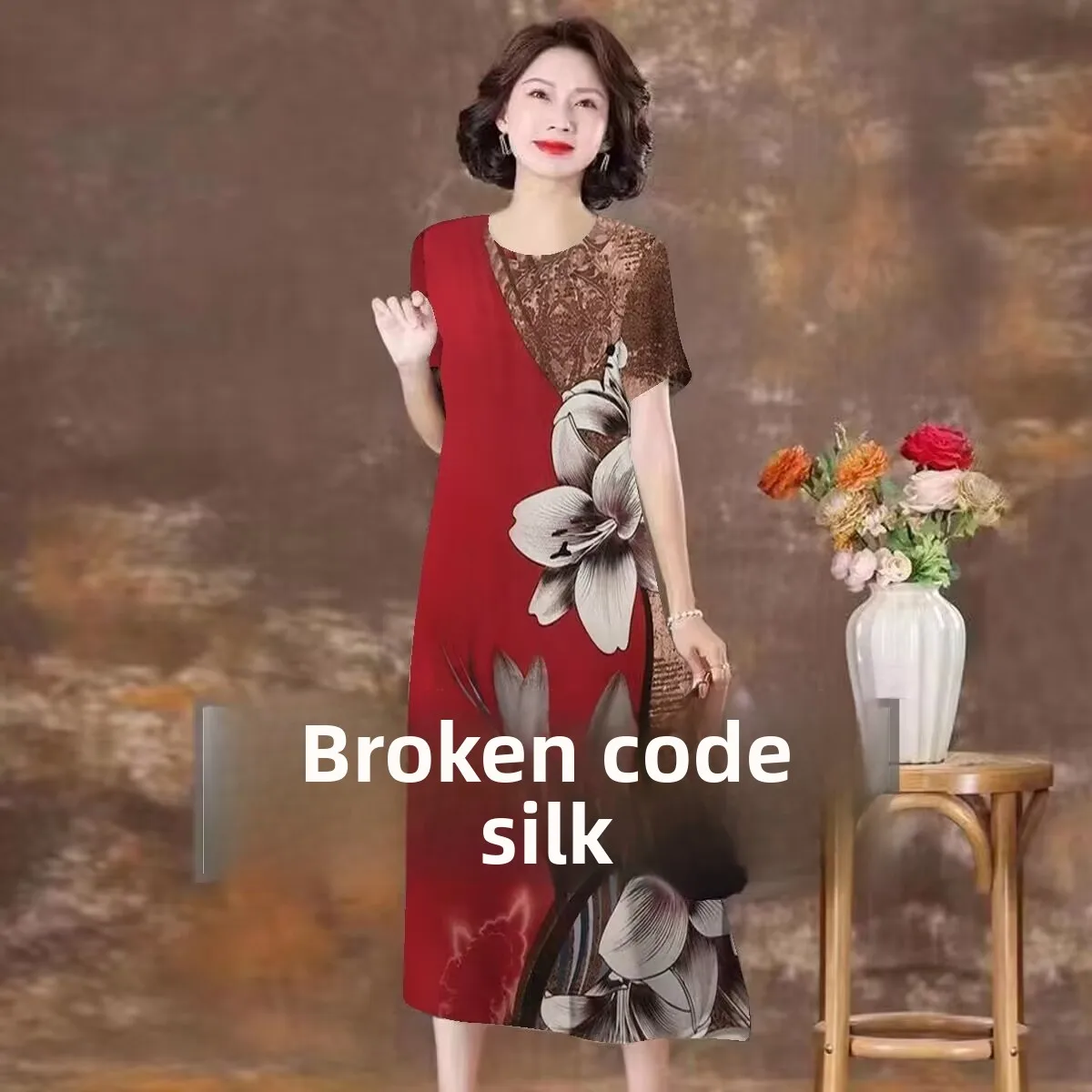 Seta angyun Pesante Estate Dr Donna Sciolto Taglia grande Mamma di mezza età Seta Dr Stampa floreale A-Line Midi Dr