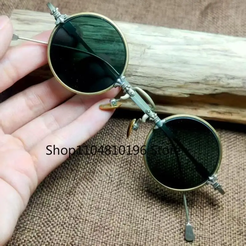 Chinese Collectible Vintage Copper Frame Crystal Stone Round Eyeglasses Brown Antique Sunglasses Exquisite Handicraft