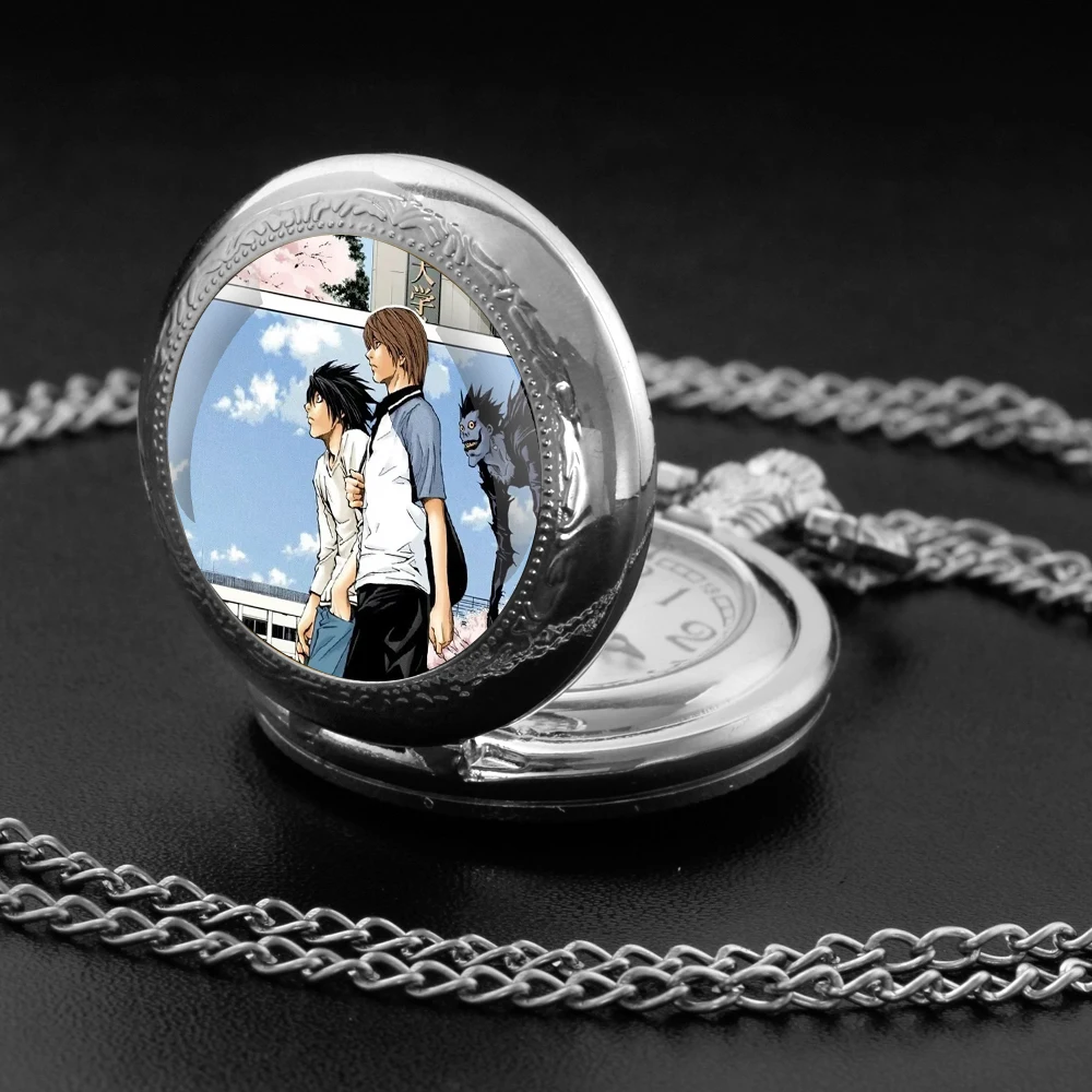 Anime Death Note Design Glass Dome Quartz Pocket Watch with Durable Chain Arabic Numeral Dial for Men and Women Creative Gifts