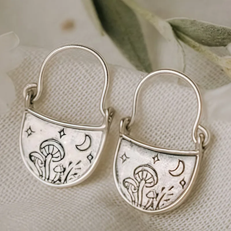 

Minimalist Silver Color Flower Mushroom Dangle Women's Earrings Geometry Hand Carving Pattern Party Daily Wear