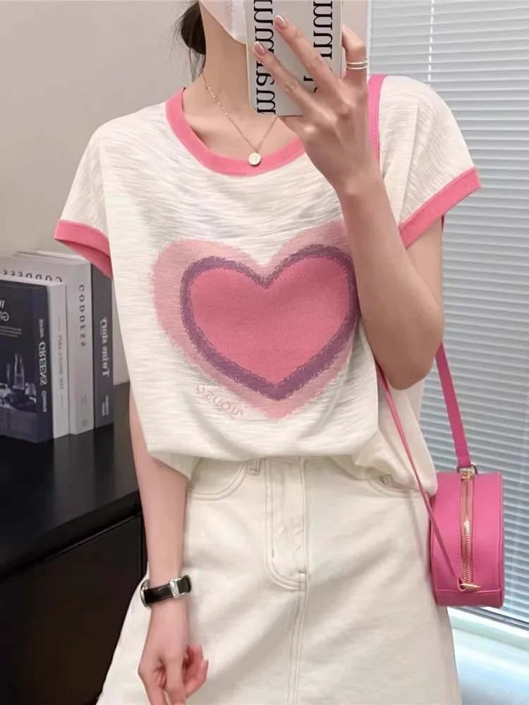 Love match color ice silk short sleeve summer thin linen knit shirt Korean version loose T-shirt female age reduction top