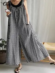 Celmia 2023 Summer Fashion Women Vintage Plaid Long Jumpsuits Wide Leg Pants Sleeveless Casual Loose Playsuits Bohemian Overalls