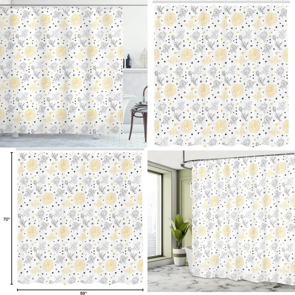 

хлопковая занавеска для душа с решетчатыми желтыми и серими розами и пунктирными листьями