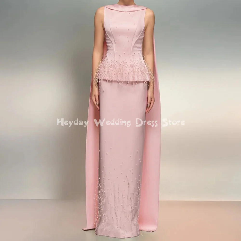 

Heyday Women's Satin O-neck Pearls Beaded Straight Luxury Duba Evening Dresses Sleeveless With Shawl Formal Elegant Dresses 2025