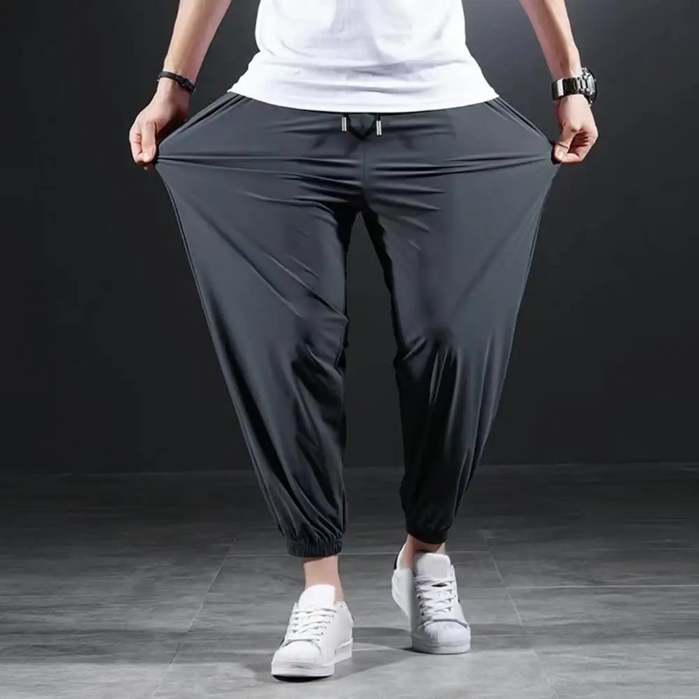 Men Casual Ice Silk Pants Men Loose-fitting Pants Breathable Men's Sport Pants with Ankle-banded Pockets Drawstring for Gym