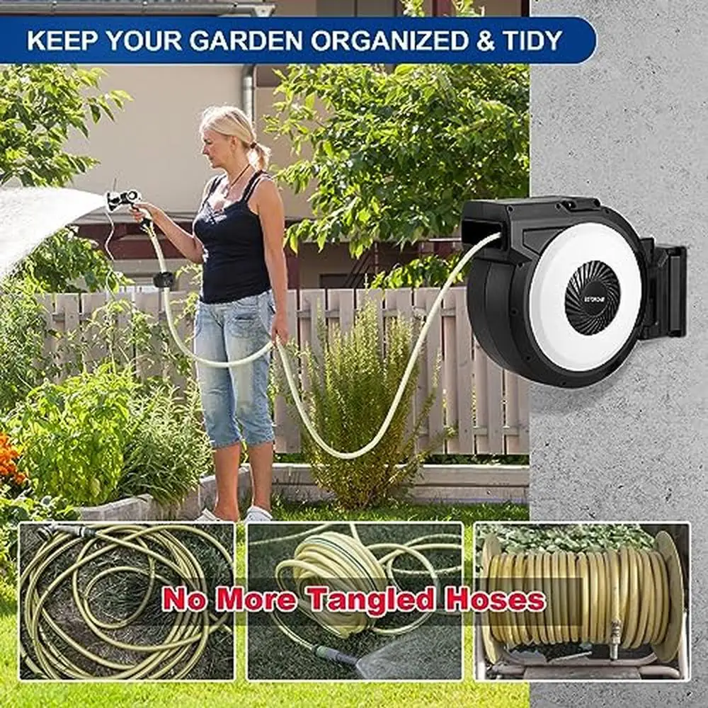 Retractable Automatic Rewind Garden Hose Reel 100ft Heavy Duty Water Storage Holder Self-Winding Hose Reels with Smooth Glossy