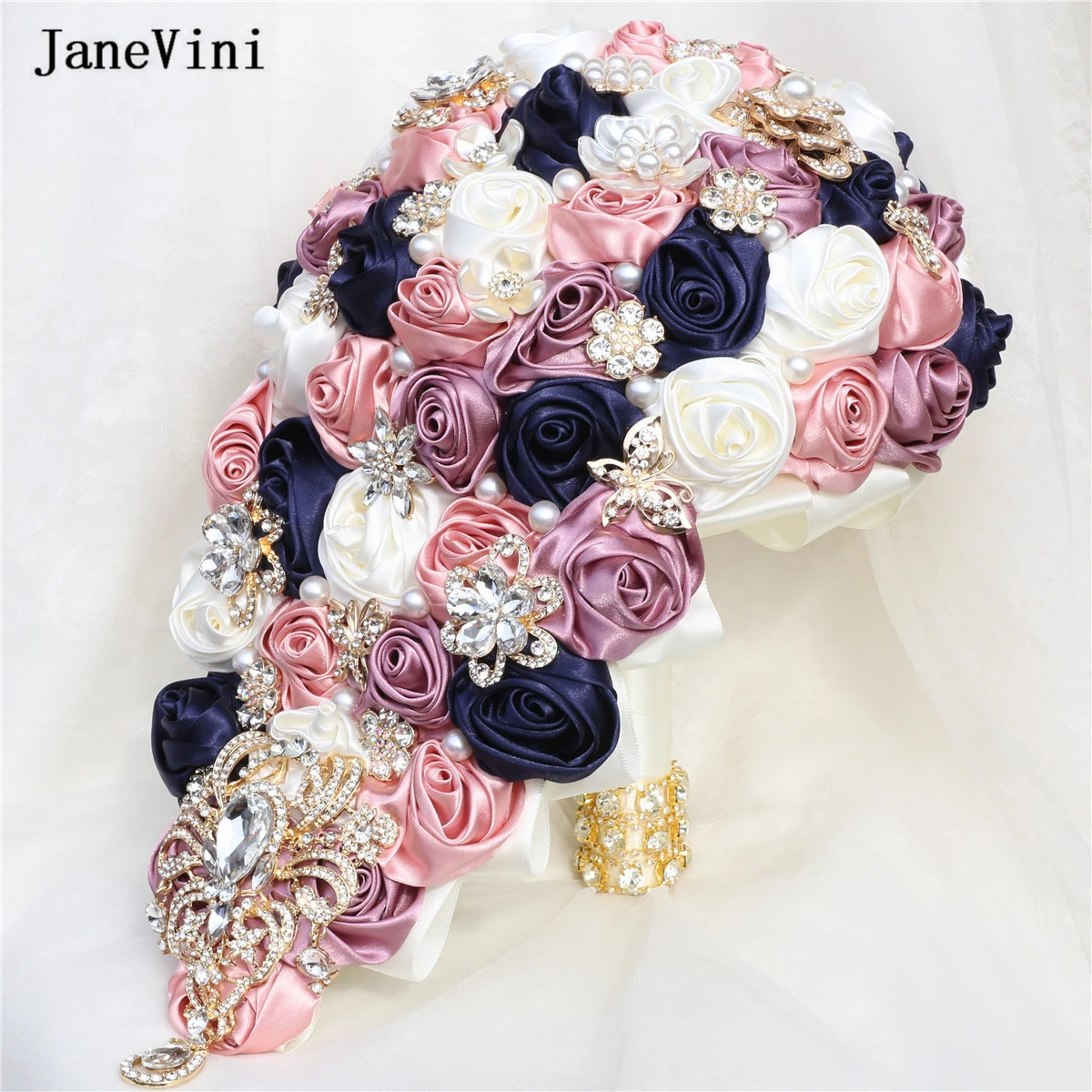 JaneVini Luxury Crystal Waterfall Bridal Bouquets Artificial Ivory Satin Roses Flowers Cascading Bouquet Accessories for Bride