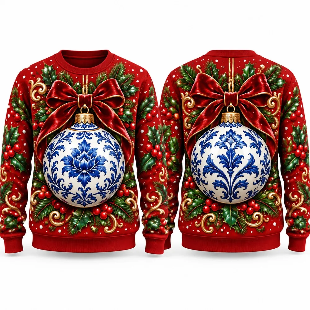 New Blue Porcelain Ornament Ugly Christmas Sweater for Men Women Festive Holiday Party Crewneck Pullover Long Funny Sweaters