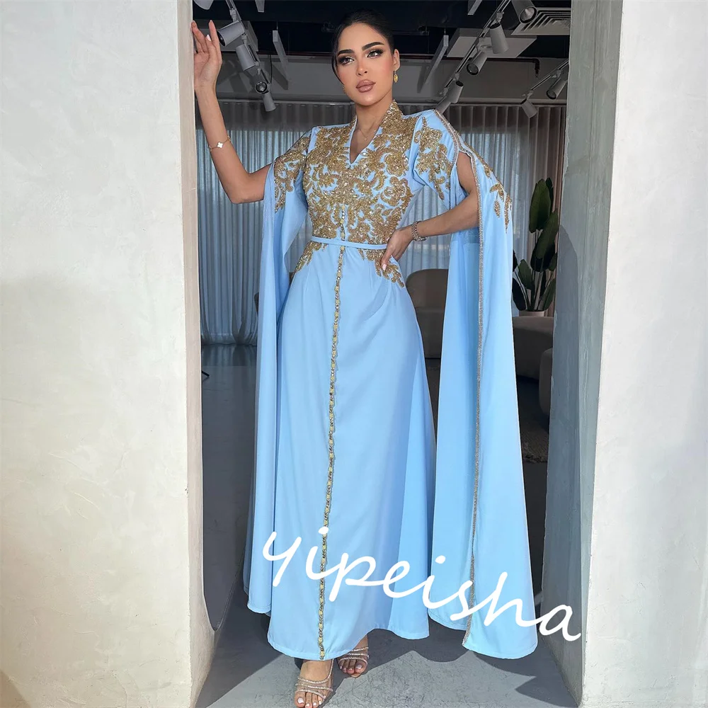 Jiayigong-vestido Midi de satén con cuentas y volantes, traje de noche con cuello en V, a medida, Arabia Saudita