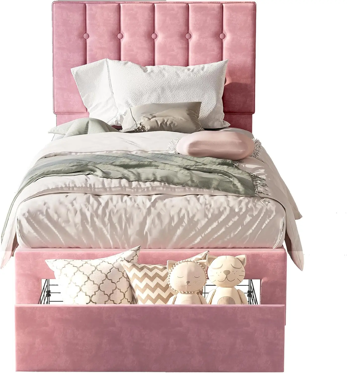 Twin Bed Frame with Under-Bed Drawer, Velvet Upholstered Platform Bed Frame with Headboard, No Box Spring Needed/Noise-Free, Pin