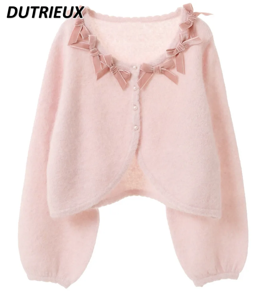 Japanese Gentle Sweet Cute Lolita Bow Pearl Button Sweater Cardigan Women Round Neck Long Sleeve Sweaters Autumn Winter Clothes