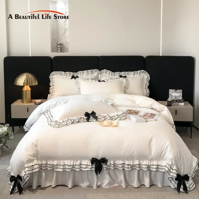 Korean Style Lace Ruffles Princess Bedding Set, Duvet Cover, Bed Skirt, Fitted Sheet, Flat Sheet, Pillowcases, Black Bow, White