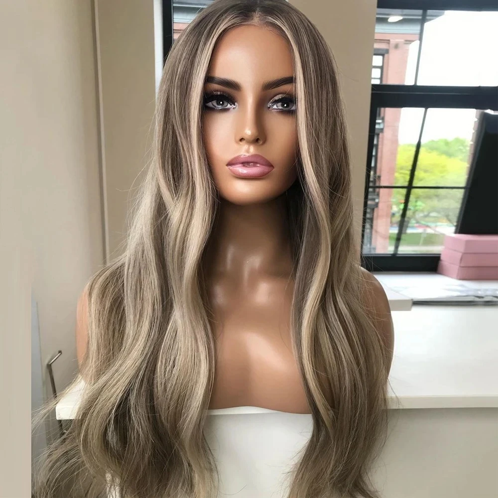 Ombre Dark Ash Blonde  Lace Frontal Wig Highlights Transparen Lace Synthetic Hair Wigs  Hair Lace Front Wig Slight Wavy