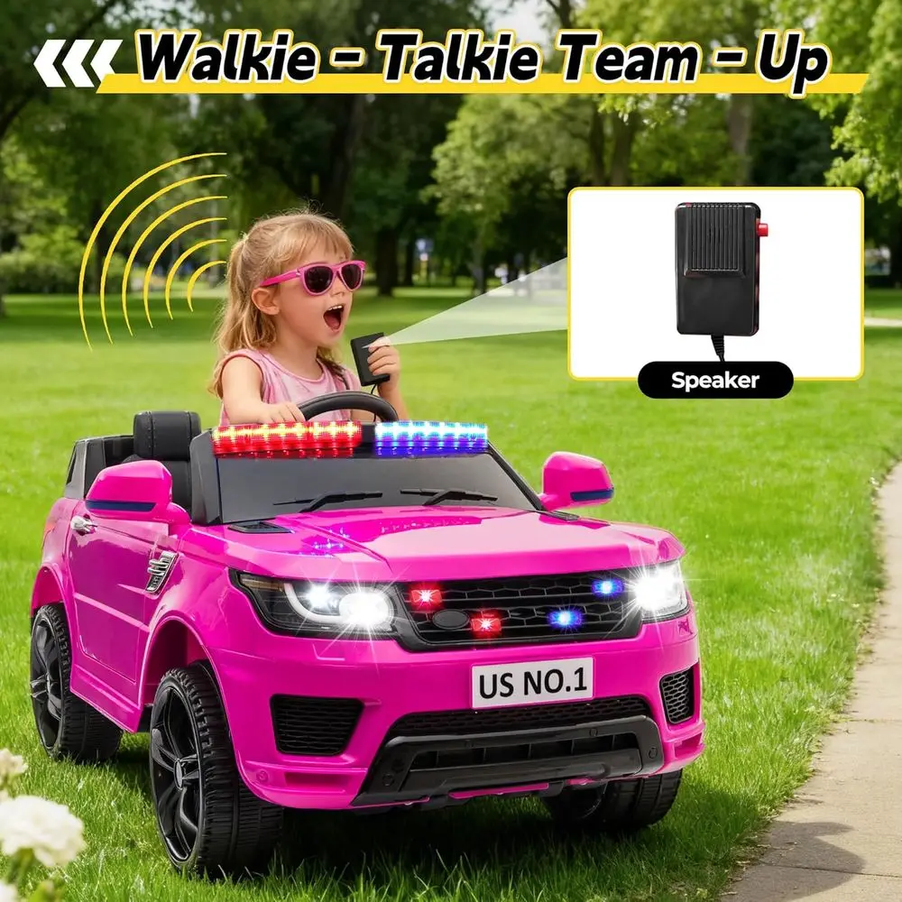 รถยนต์ไฟฟ้าสำหรับเด็ก ขับเคลื่อนด้วยรีโมทคอนโทรล รถตำรวจ 4 ล้อ แบตเตอรี่ 12V รถตำรวจสำหรับเด็กเล็ก สีชมพู