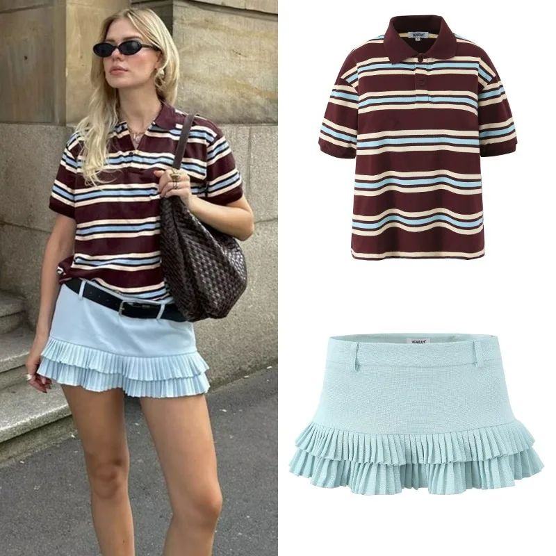 

2025 Summer Polo Neck T Shirt Short Skirt Suit Women Soft Chic Tees 95% Cotton Jumper Clothes Loose Casual Pullover Crop Tops