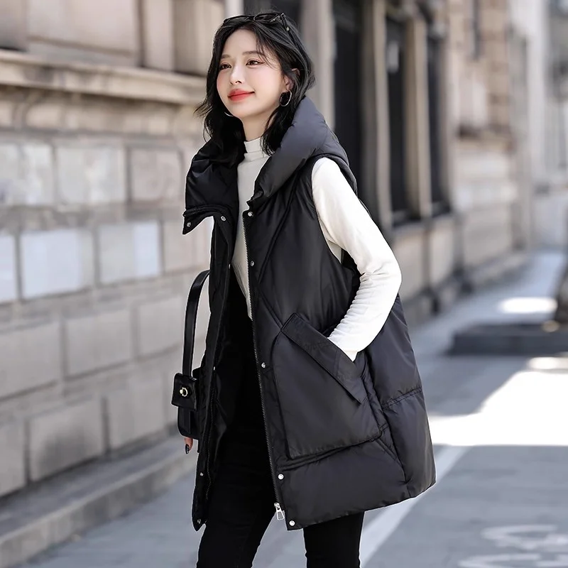 

2025 Autumn Winter New Large Size Loose Vest Jacket, Mid Long Down Cotton Waistcoat Women's Hooded Outerwear w1687