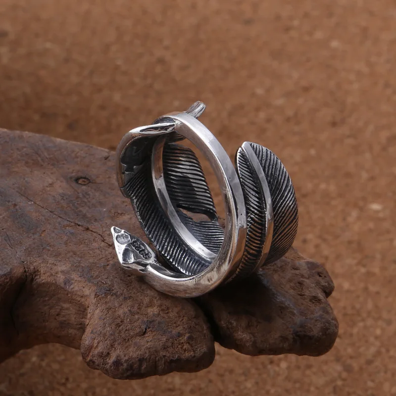 Wholesale S925 sterling silver retro Eagle series Thai silver light simple silver feather men's and women's personalized ring view 3