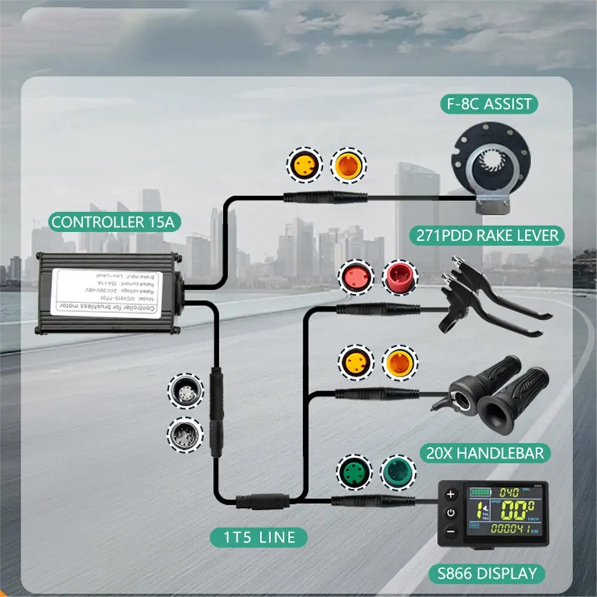 AB31 Three-Mode Ebike Sine Wave Controller 15A 36V/48/52V with S866 LCD Color Display Electric Bike Motor Conversion Kit