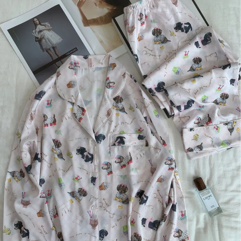 2026 Spring Summer Cute Dog Cream Cartoon Pajama Women Long Sleeve Pants Ice Silk Sweet Causal Ins 2piece Set Homewear Nightgown