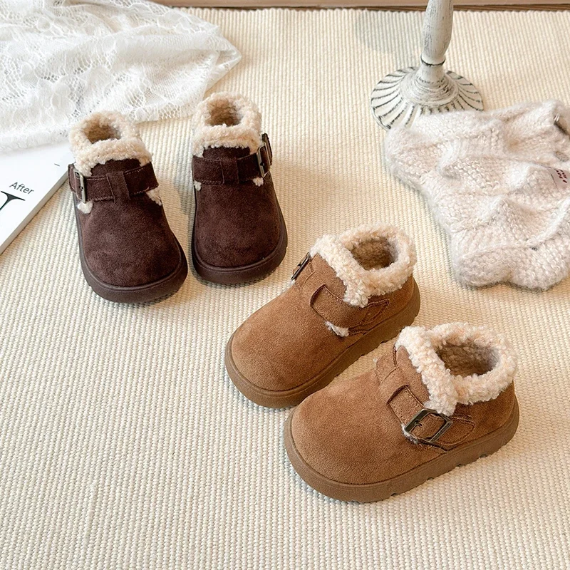 Toddler Suede Winter Fleece Lined Ankle Boots, Kids Adjustable Buckle Warm Thick‑Sole Snow Boots 2 Colors