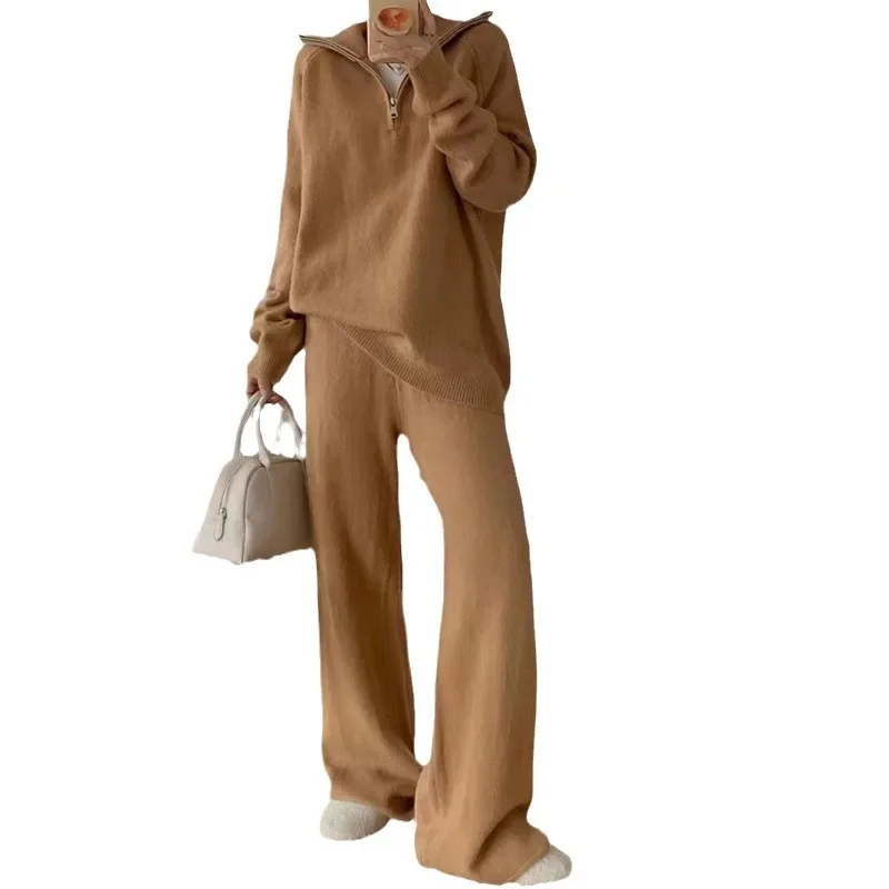 Conjunto de dos piezas de punto para mujer, Jersey informal holgado de manga larga con cuello vuelto, pantalones de pierna ancha de cintura elástica, otoño e invierno