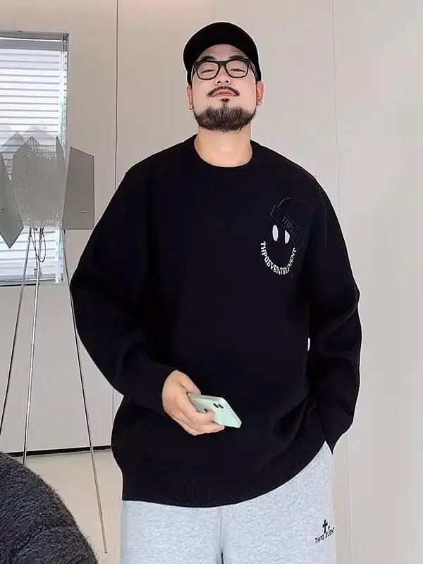 

Мужской вязаный свитер больших размеров: свободный крой, базовый, для многослойных образов, зимний, модный, комфортный, с круглым вырезом, длинный рукав