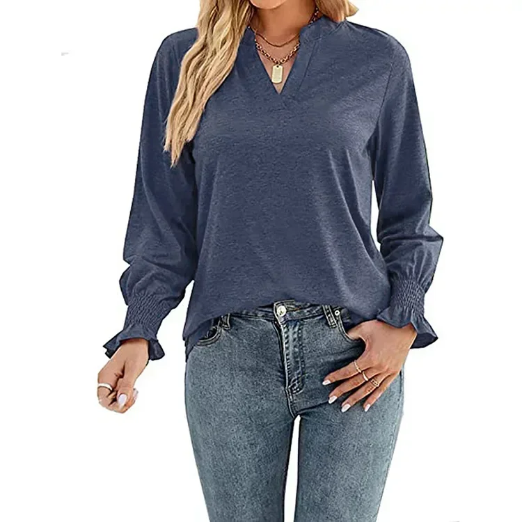 Women Long Sleeve Solid V Neck Pullover Sweater Tops for Spring