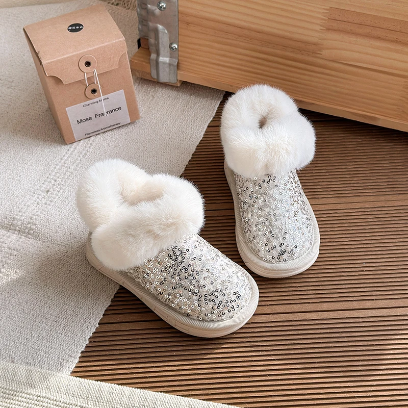 أطفال أحذية الثلوج الساطع الترتر المنزل الفراء الاطفال النعال شتاء دافئ أحذية قطنية مسطحة الأطفال غرفة نوم داخلية لينة وحيد النعال #5
