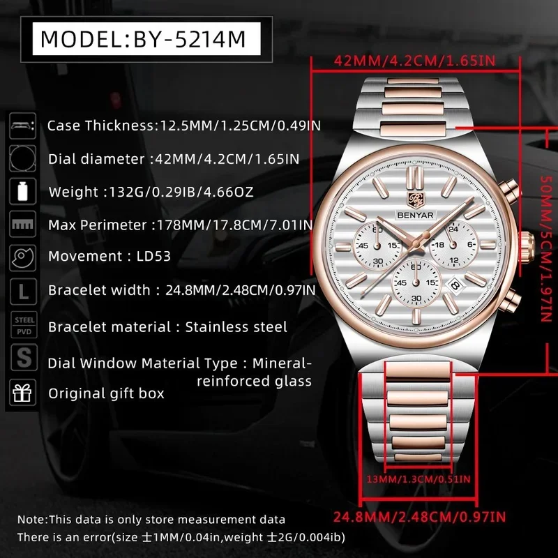 BENYAR 5214 Light luxury style Brand Men's Watch 30m Waterproof Stainless Steel Quartz Watch Chronograph Men's Watch for men