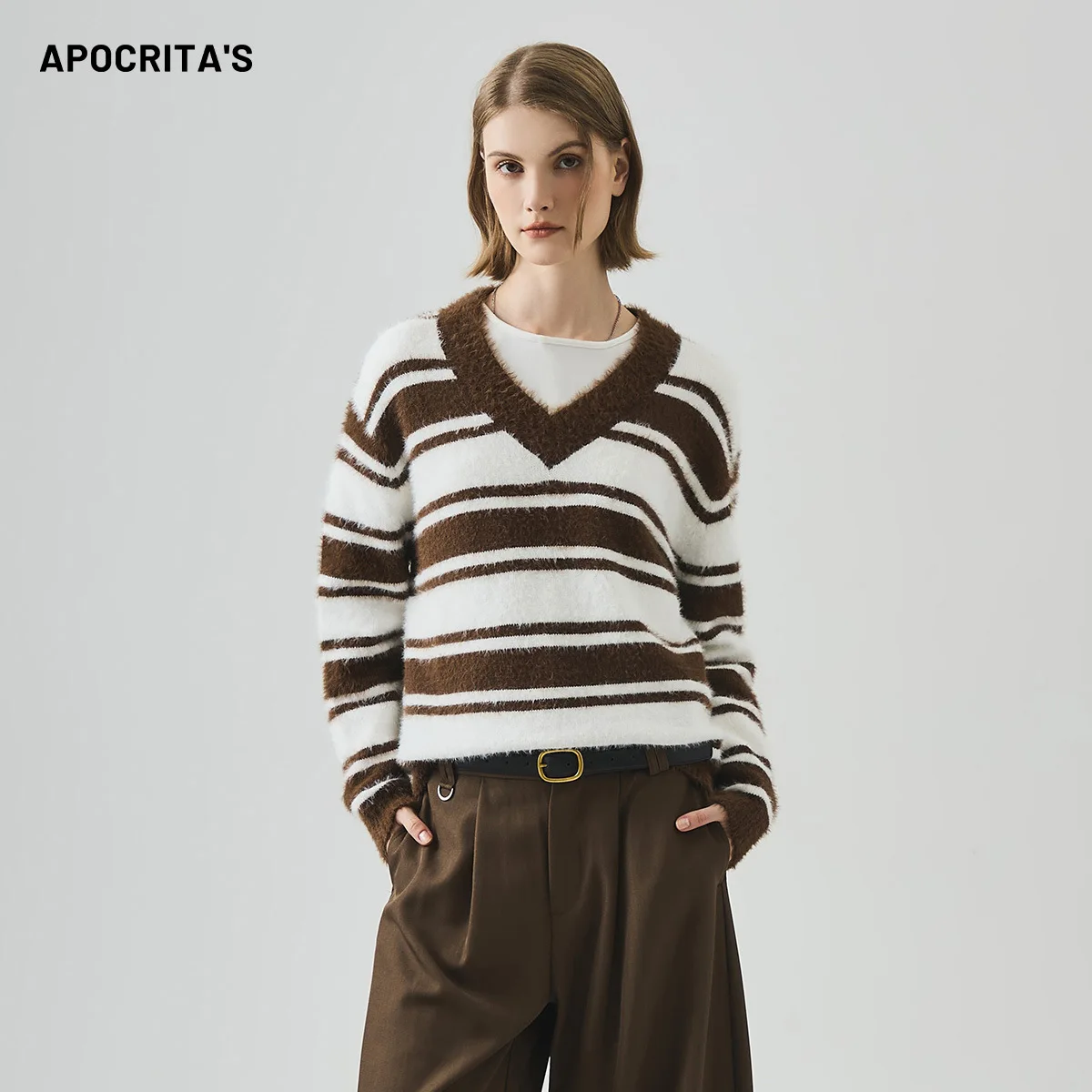 

APO women's V-neck sweater women's autumn and winter Korean loose lazy style striped long-sleeved knitted sweater top