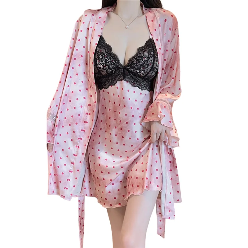 【ADORN】Women's Sweet V-Neck Nine-Point Sleeve Nightgown Polka Dot Satin Lace Lazy Nightdress Outer Robe Pink One Size