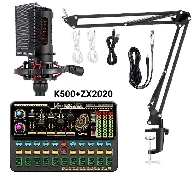 Equipo de estudio de grabación profesional de alta calidad compatible con 2 micrófonos y 2 teléfonos interfaz de tarjeta de sonido USB para Podcasting