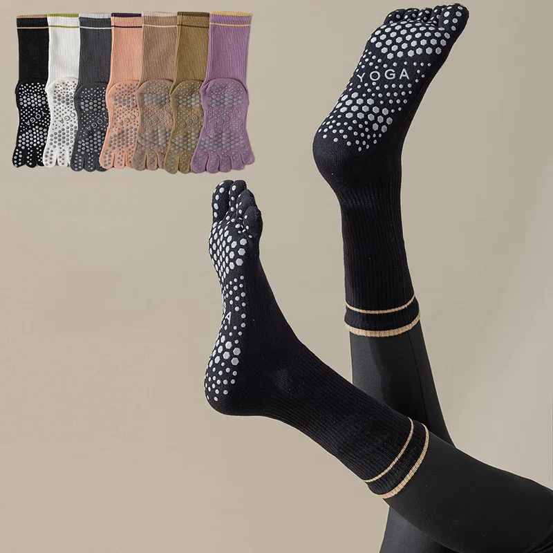 

New Solid Color Striped Mid-calf Professional Non-slip Five-toe Yoga Socks Indoor Sports Dance Fitness Gymnastics Pilates Socks