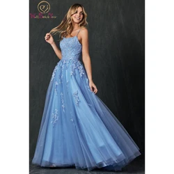 Blue Prom Dress Lace Applique Beaded Long Floor Length Tulle Spaghetti Strap A Line Elegant Evening Gown Party Women Custom made