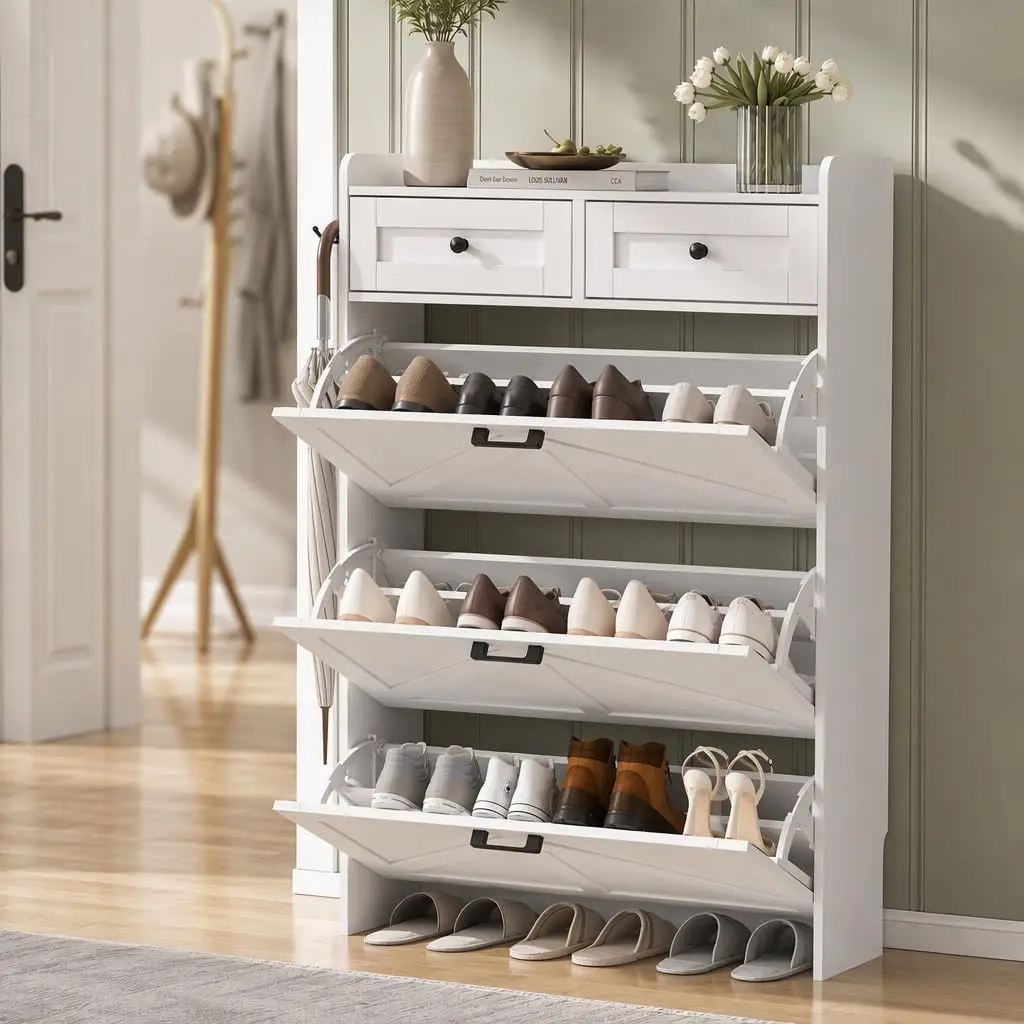 White Shoe Cabinet 2-Pack 3 Tip-Out Drawers 9.25