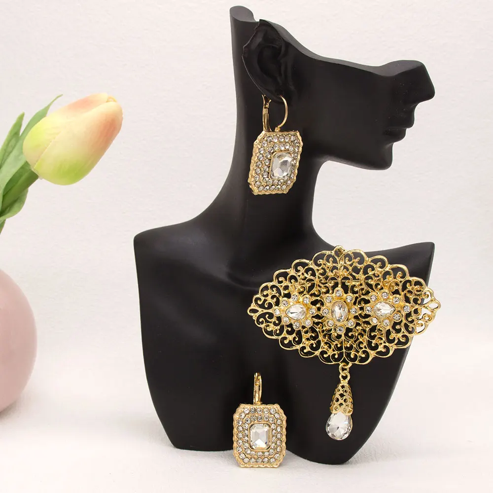 Elegante arabische Marokko Frauen Ohrring Brosche Braut Hochzeit Schmuck Sets voller Kristall Bijoux