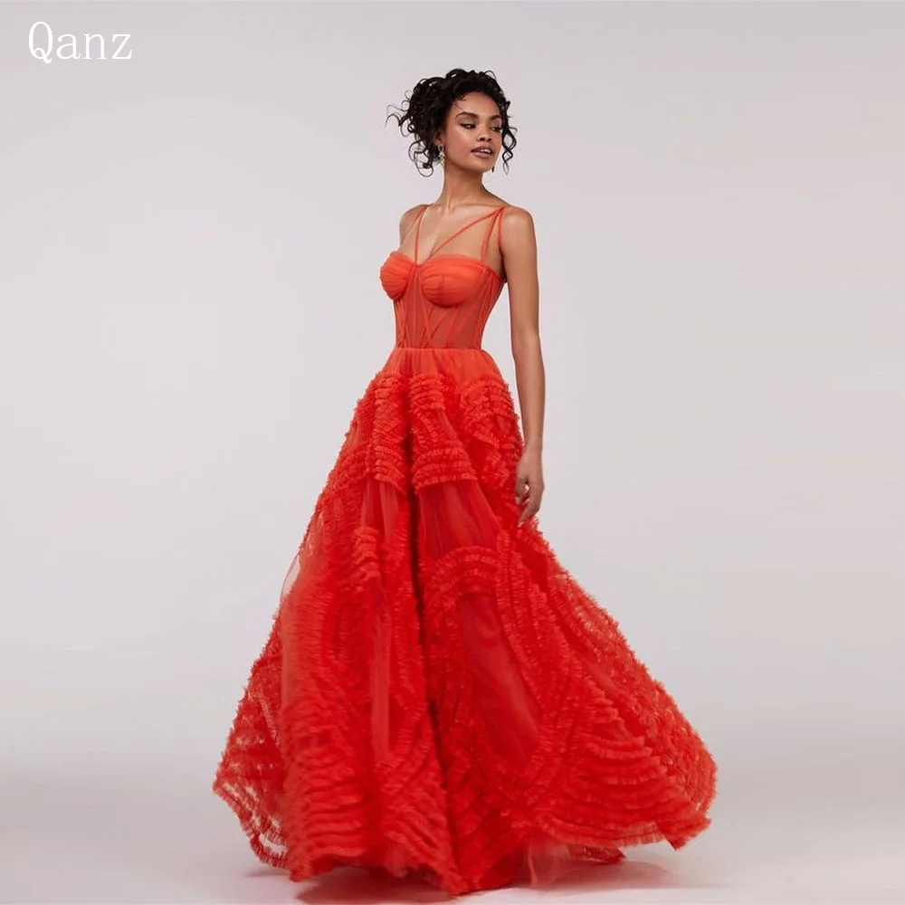 Qanz Luxury Tulle Evening Dresses Spaghetti Straps Ruffles Tiered Abendkleider Luxus 2024 Corset Back Party Dress Customized