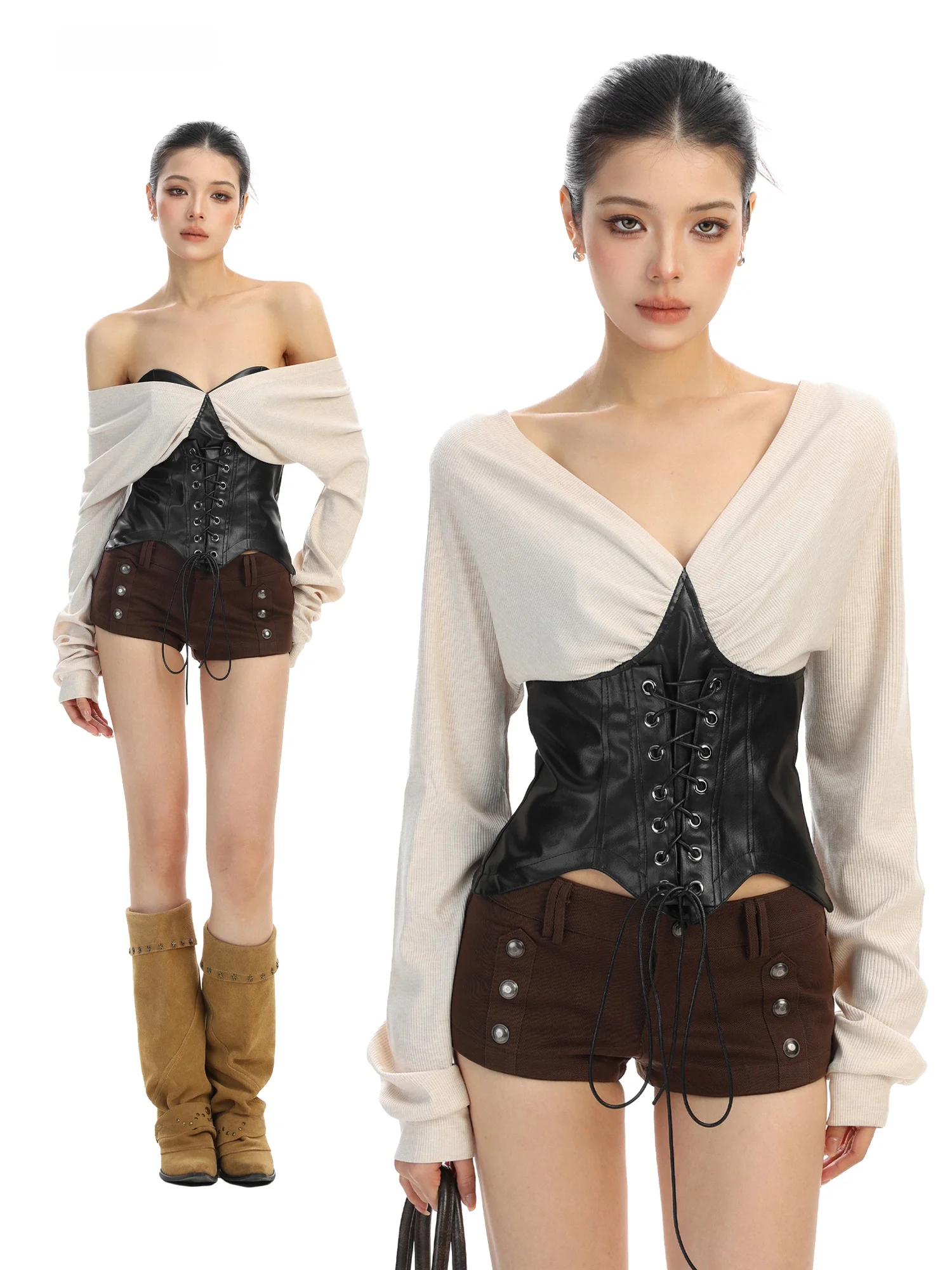 

Spicy Girl Long Sleeve T-Shirt Women's Spring Shoulder Bared Slimming Short Top Trendy Waist Cinched Strap Design Casual Wear