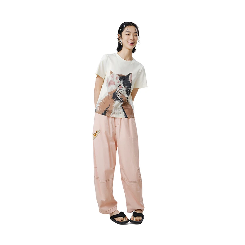 MOVEUP Casual Straight Pants 2026 Summer New Elastic Waist Cat Embroidered Pocket Pure Cotton Loose Trousers For Women 325220121