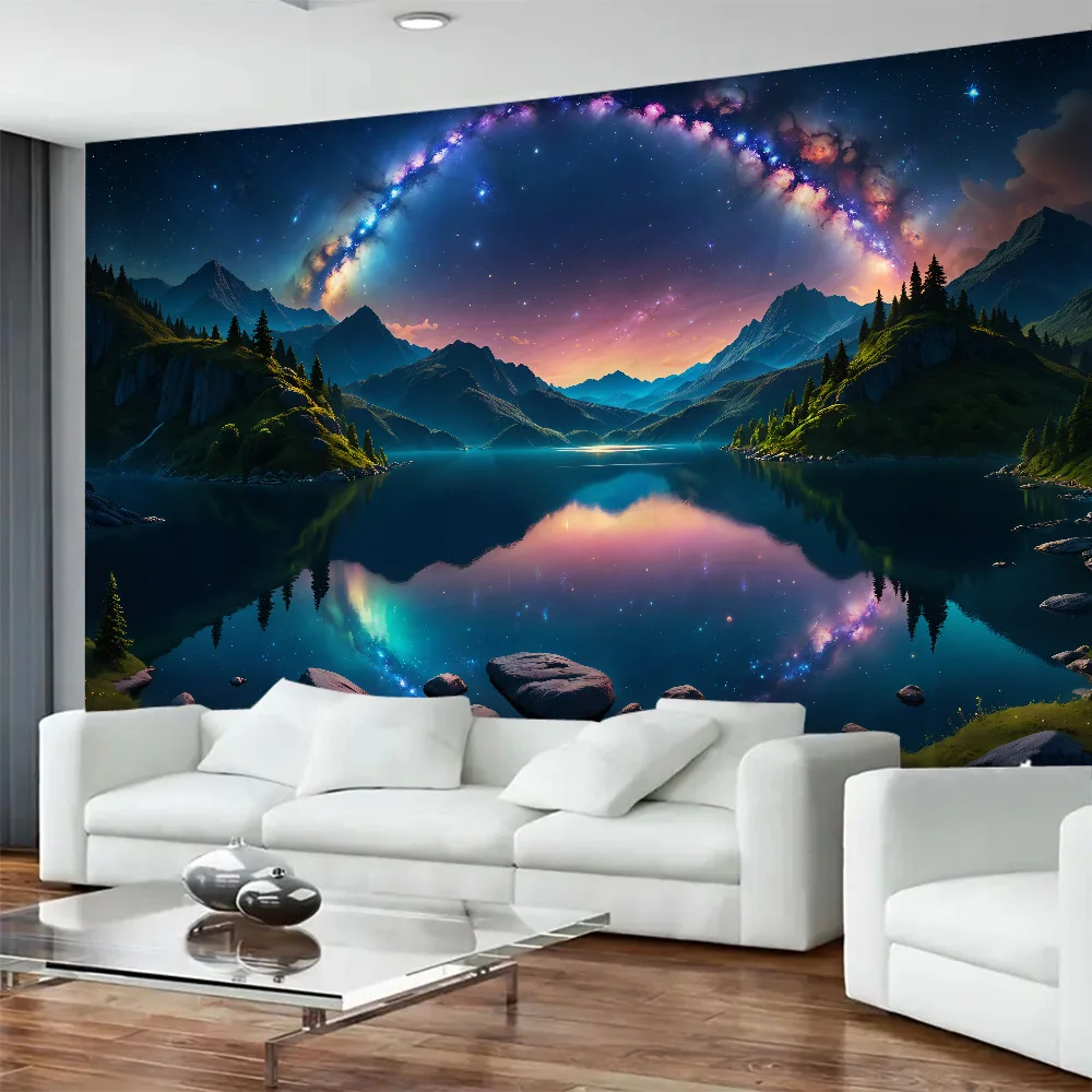 

Blue Galaxy Starry Sky Tapestry Wall Hanging Abstract Art Universe Forest Dormitory Living Room Home Decoration Background Cloth