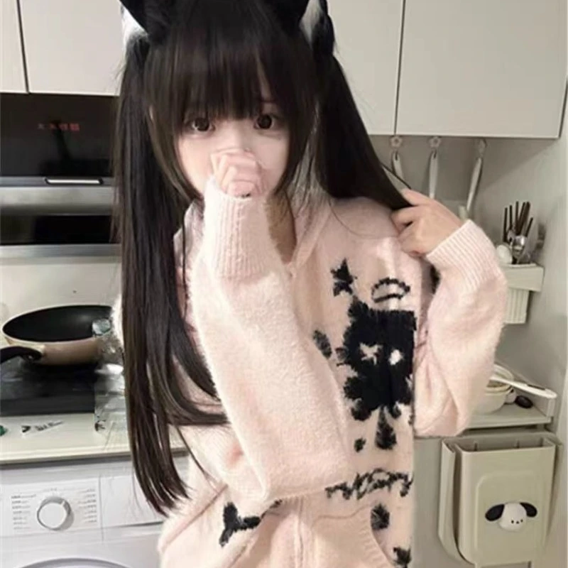 2025 giapponese Kawaii carino Y2k felpa con cappuccio da donna dolce casual elegante orecchie di gatto cappotto manica lunga stampata tasche con cerniera maglione invernale