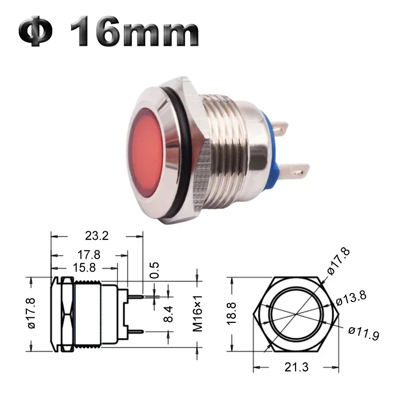 Indicatore LED in metallo personalizzato da 16 mm Indicatore montato su pannello cromato Lampada pilota Lampada di segnalazione 12V 24V 220V LED Rosso Verde Blu