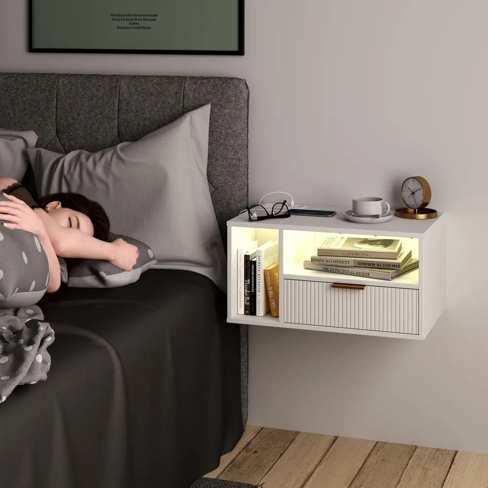 Mesa de cabeceira branca moderna com carregamento embutido e iluminação LED